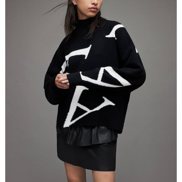 All Saints Sweaters - AllSaints A Star Sweater Black White Mock Neck Chunky Oversized Boxy Edgy